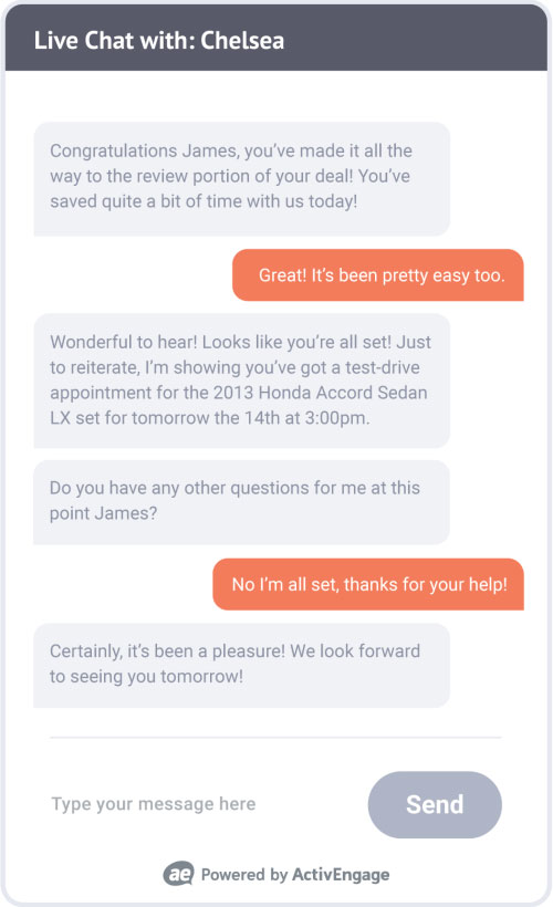 ActivEngage agent booking a test drive for customer