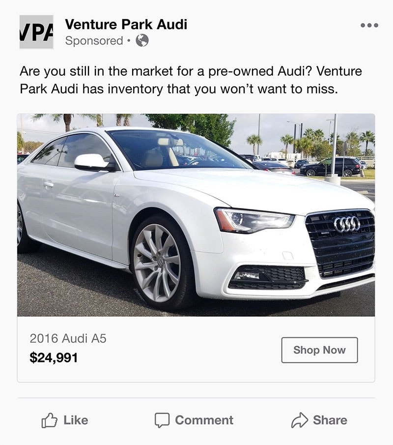 Facebook retargeting ad with dealership inventory