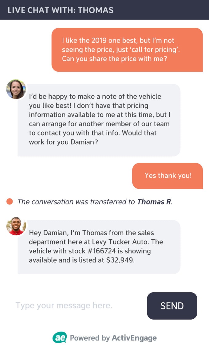Dealer takes over chat conversation to provide value