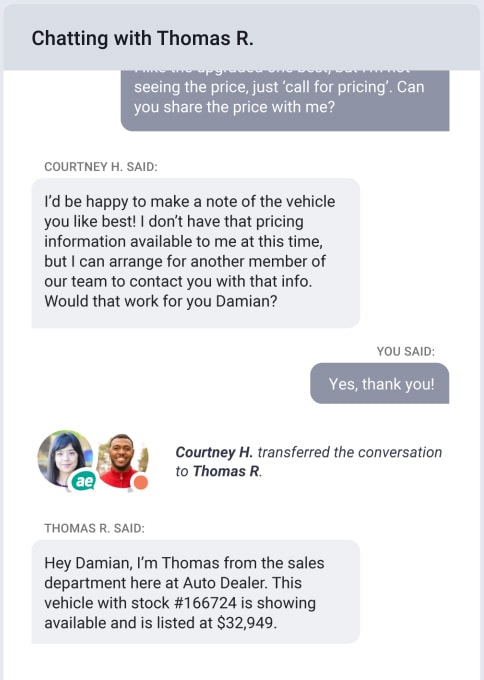 ActivEngage conversation transferred to a dealer