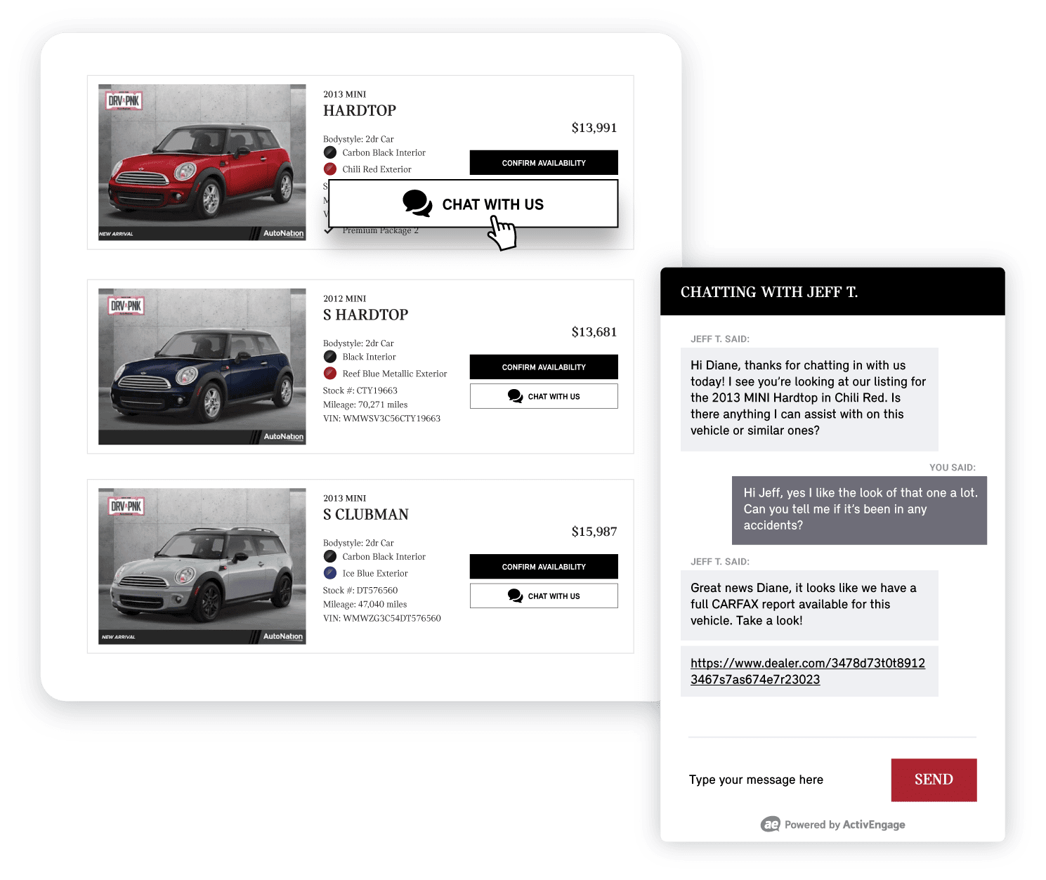 Chat interface on a Dealer.com website with vehicle listings