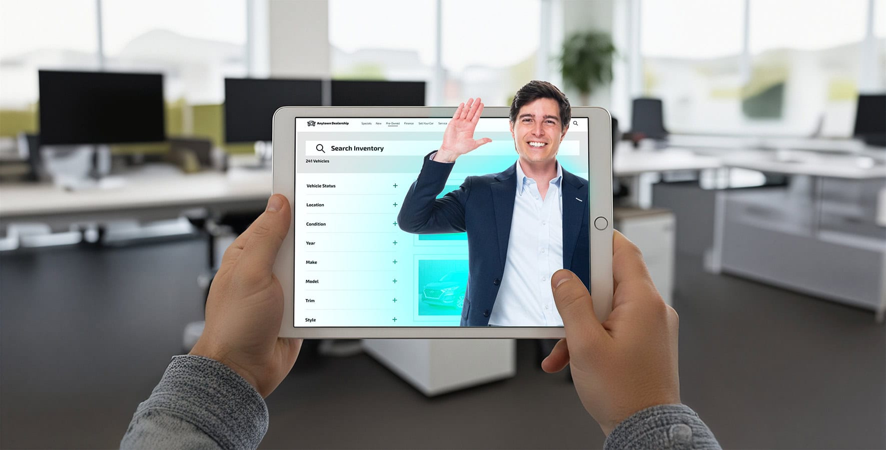 A person browsing a dealership website is greeted by a live person