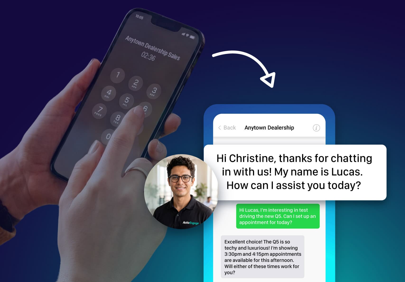 IVR button switches to a live text message conversation