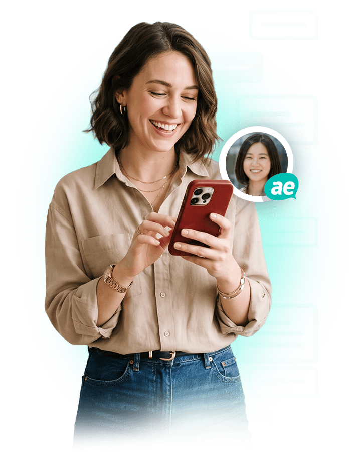 Happy woman using smartphone with ActivEngage chat overlay.