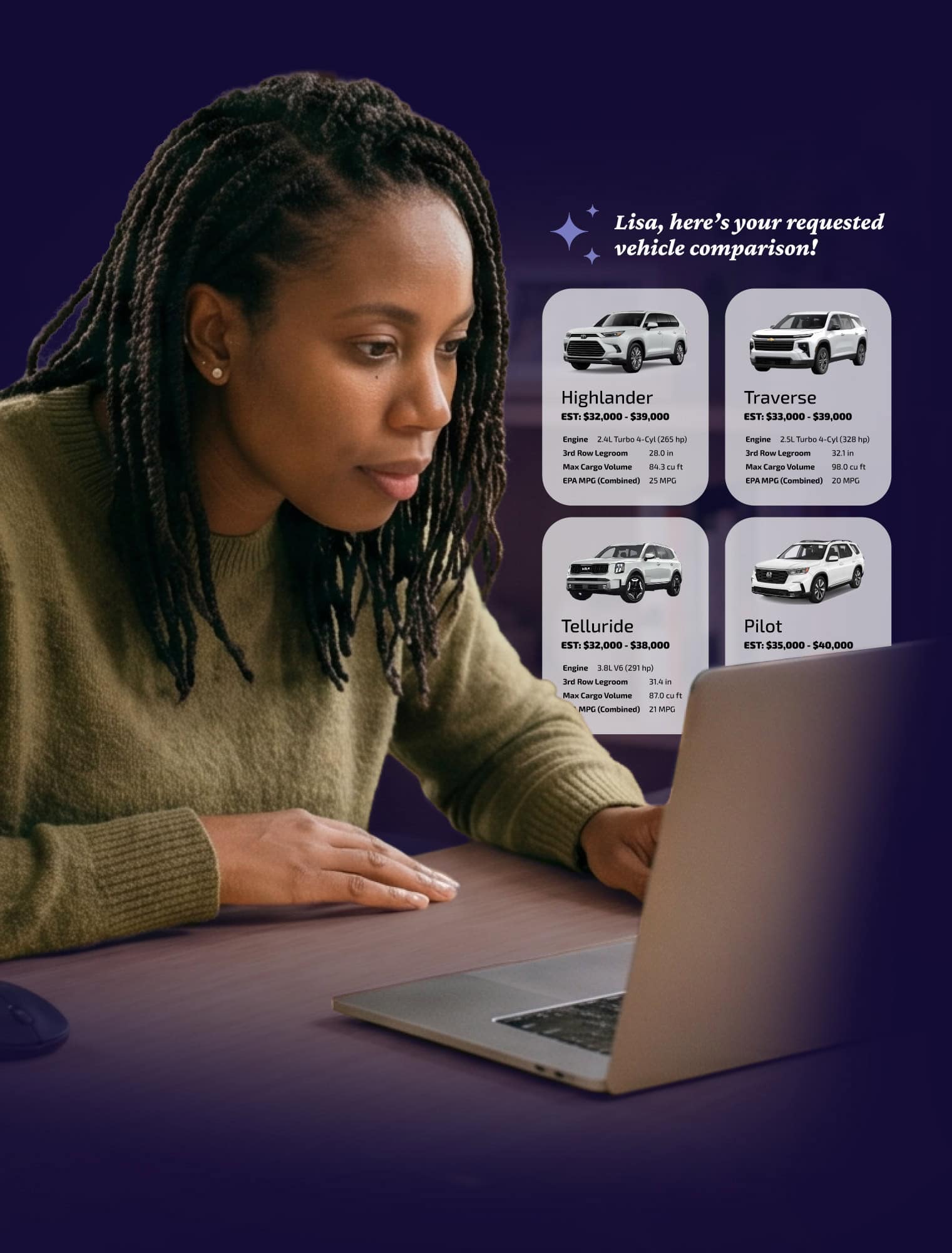 Woman reviewing vehicle options on laptop with ActivEngage comparison chart.