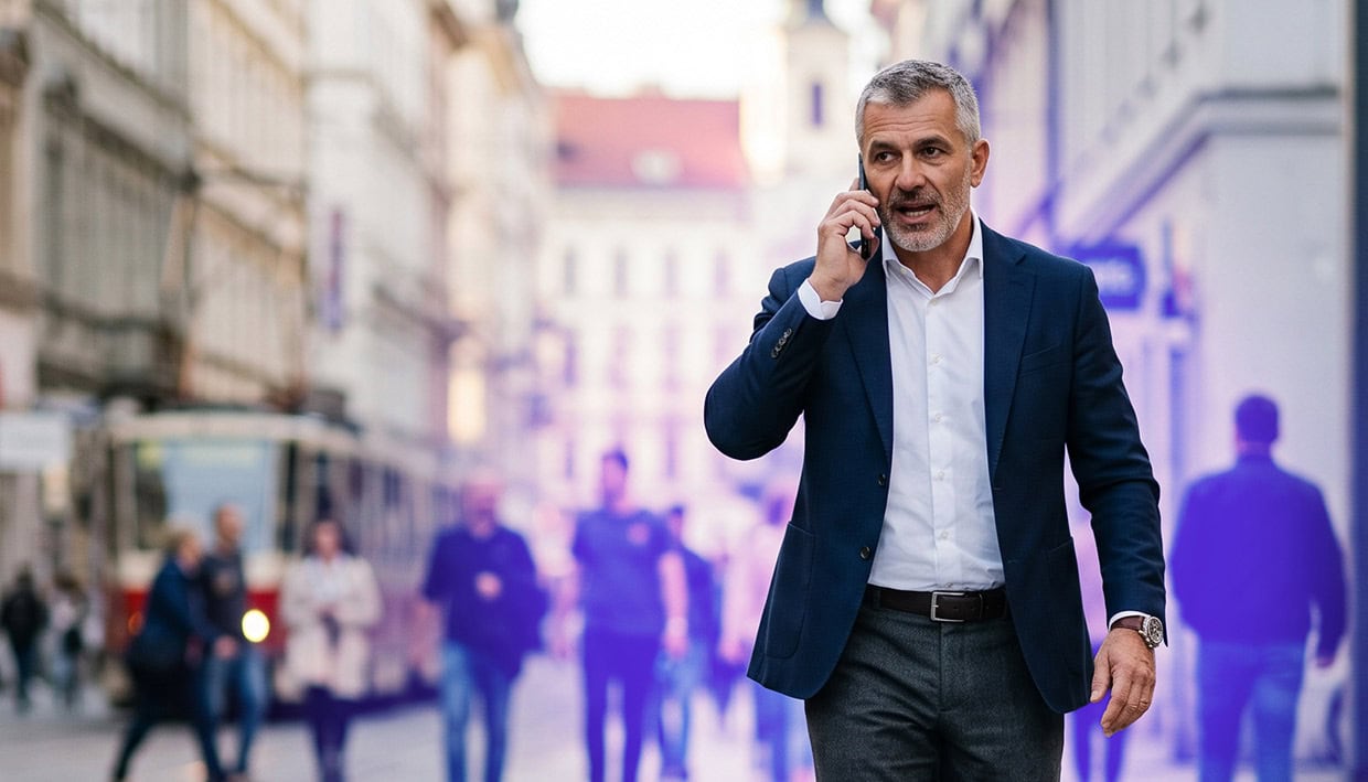Businessman using mobile phone in busy city street during daytime.
